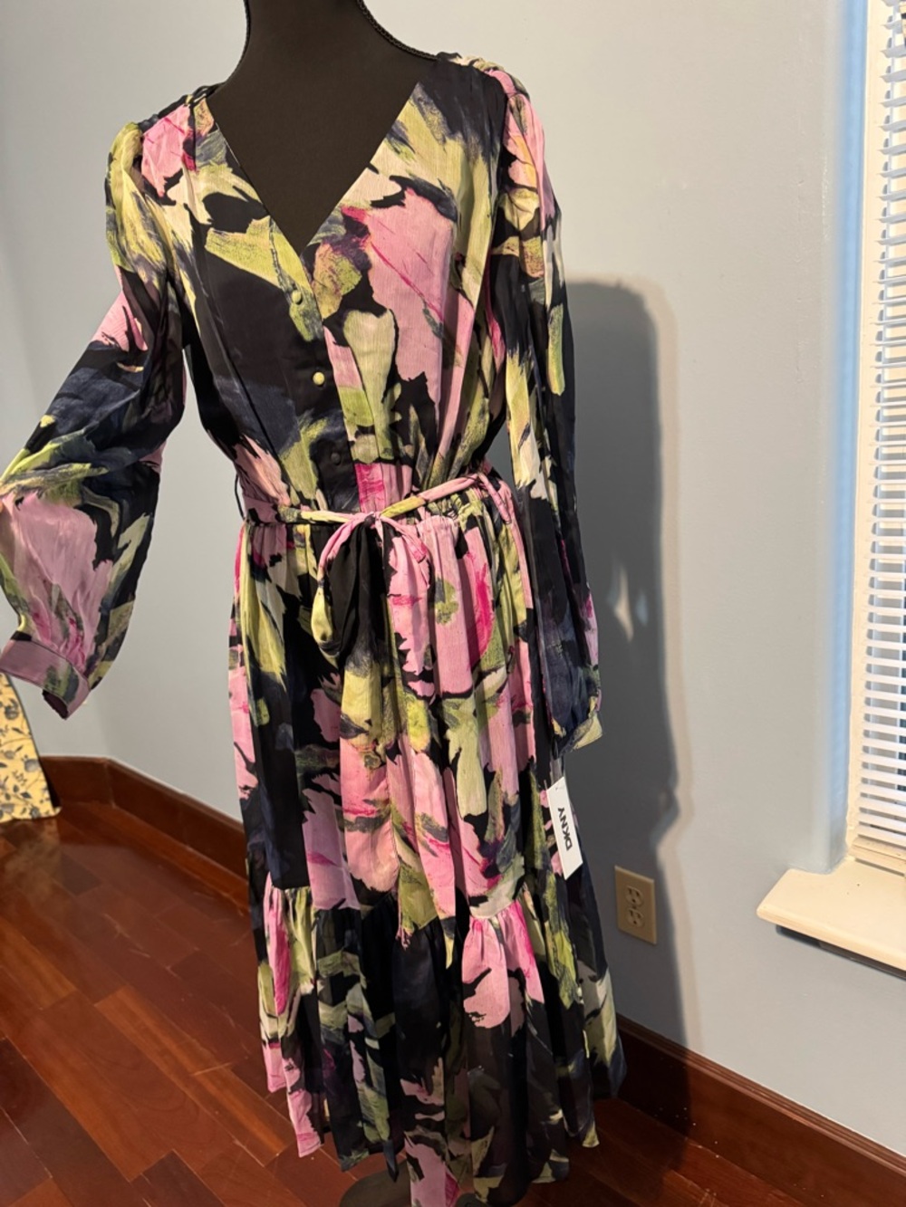 NWT DKNY Black Floral Wrap Midi Dress with Pink and Lime Accents